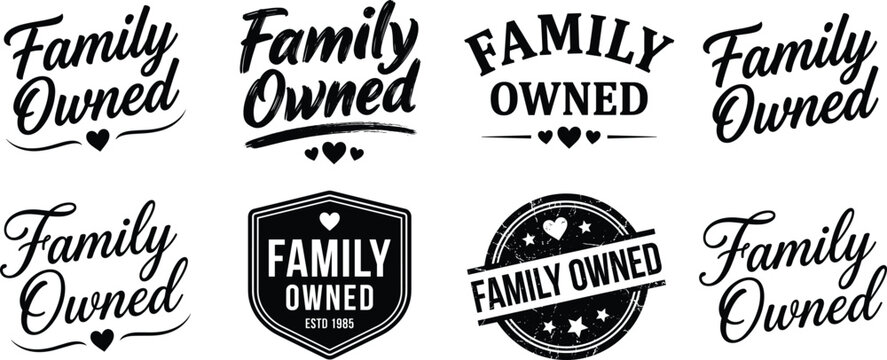 Family owned logo collection featuring elegant typography, badges, and emblem designs in black and white for business, tradition, and trust branding flat vector illustration