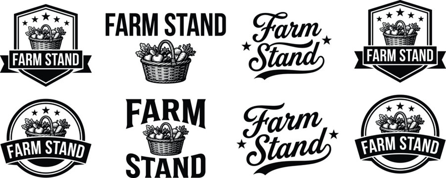 Farm stand logo collection featuring baskets of fresh produce, badges, and typography designs in monochrome style for agriculture, market, and organic concept flat vector illustration