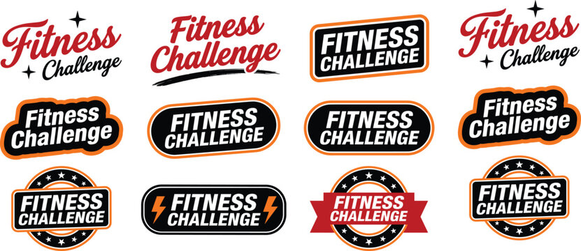 Fitness challenge logo collection featuring bold typography, badges, and emblem designs in black, orange, and red styles for gym, sport, and motivation concept flat vector illustration