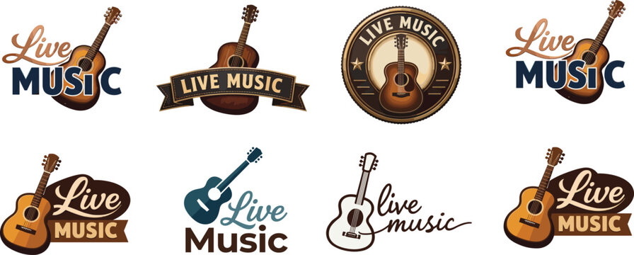 Live music logo collection featuring guitars, badges, and typography designs in warm tones for concert, performance, and entertainment branding flat vector illustration