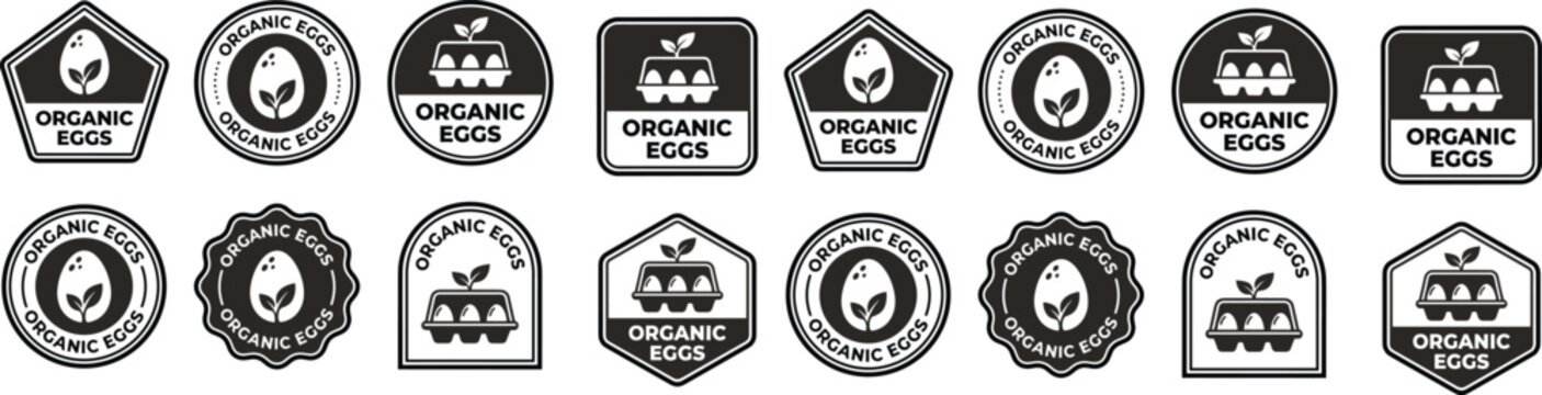 Organic eggs logo collection featuring monochrome badges, cartons, and sprouting plant icons for farm, natural food, and eco product branding flat vector illustration