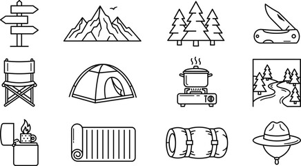Outdoor camping and wilderness adventure linear icon set featuring mountains tent forest tools and hiking equipment symbols © AKTAR