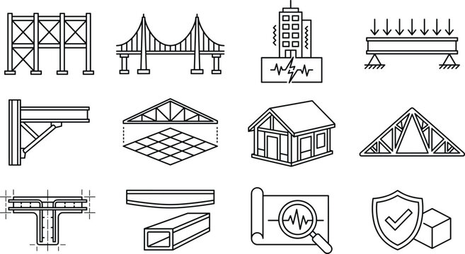 Structural engineering and civil construction line icons set featuring seismic architecture bridge design and physics load