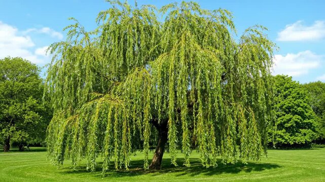 The park's weeping willow landscape, weeping willows swaying in the wind