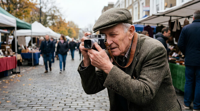 Senior man photographing with vintage camera at market.