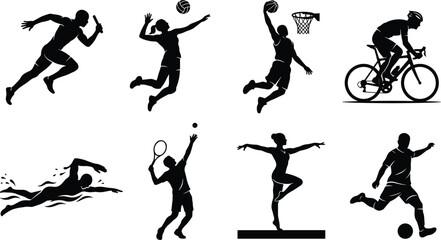 Athletic Sports Silhouettes Vector Set Featuring Athletes Running, Volleyball, Basketball, Cycling, Swimming, Tennis, Gymnastics, and Soccer © MostArjuma