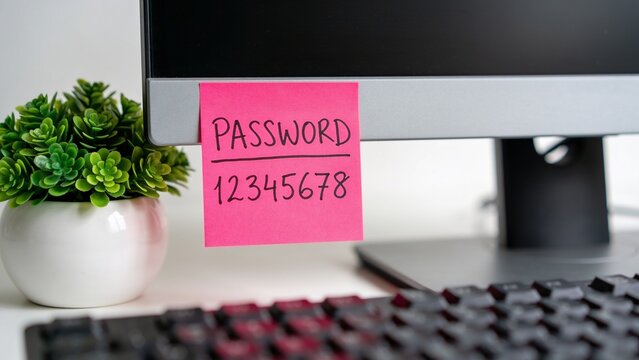 Pink sticky note with password on laptop keyboard next to small potted plant