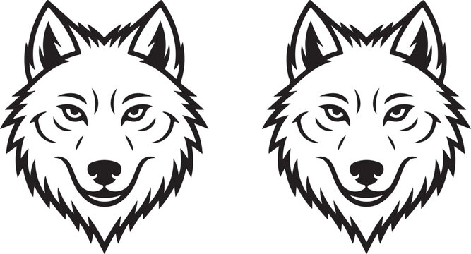 Set of two wolf head icons, stylized vector illustrations of wolf faces for logos, emblems, or graphic design elements