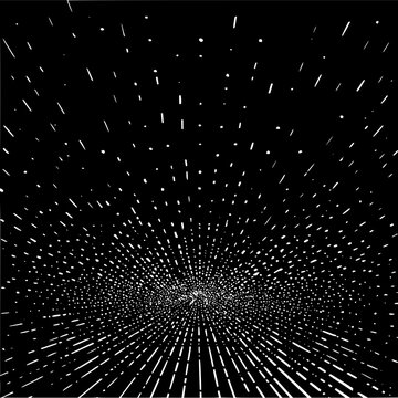 Black and white abstract radial burst vector background illustration with starfield and speed lines effect