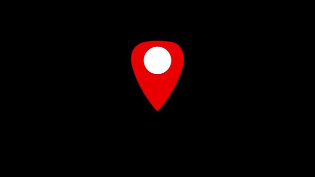 Looping animation of red map location pin bouncing on black background 4k video