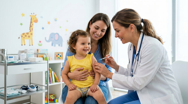 Doctor Giving Vaccination to Happy Toddler Girl with Mother Support in Clinic