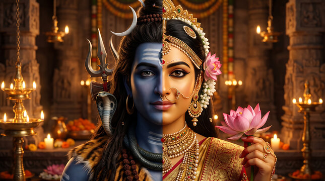 Ardhanarishvara Divine Form Split Portrait of Lord Shiva and Goddess Parvati in Temple