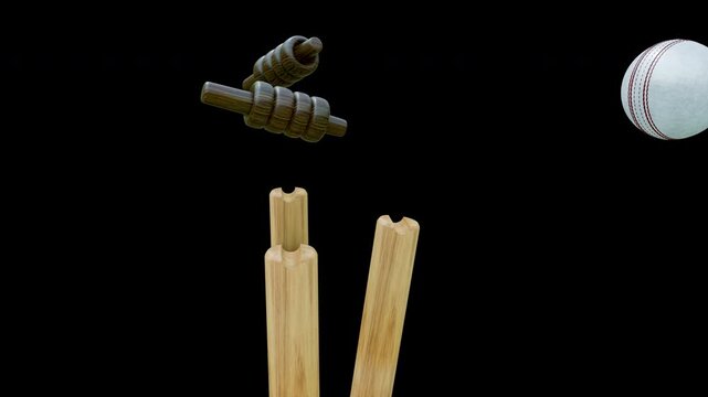 A high‑resolution 4K slow‑motion transparent video featuring a white leather cricket ball with seam detail hitting wooden stumps and dislodging the bails mid‑air.