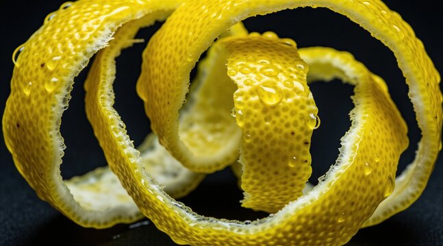 Macro shot of bright yellow lemon peel spiral. Fresh citrus skin features detailed texture with clear water droplets. Raw organic fruit zest curls on dark black background. Healthy cooking ingredient