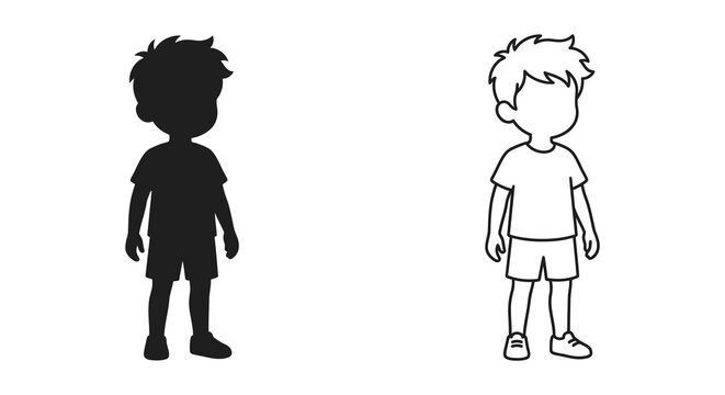 Boy Silhouette And Outline Black And White Vector Illustration
