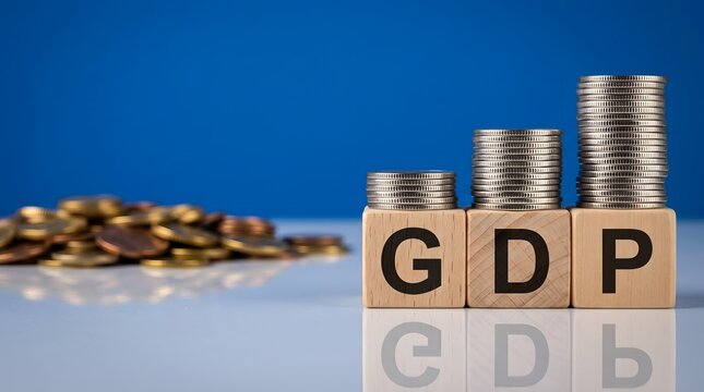 Rising stacks of metal coins atop wooden blocks spelling gdp representing economic growth with topped increasing stacks