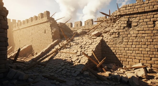 Ancient stone fortress ruins crumbling under the harsh sun, a symbol of forgotten battles and lost empires