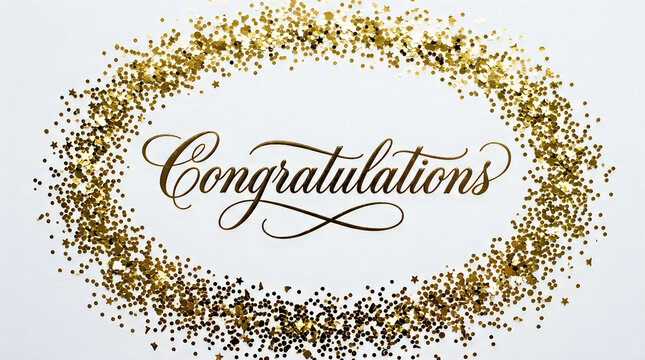 Gold glitter border oval frame surrounding congratulations text on white background with congratulations