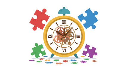Naklejka premium Strategic time management and problem solving with mechanical alarm clock and jigsaw puzzle pieces flat vector illustration for corporate efficiency training