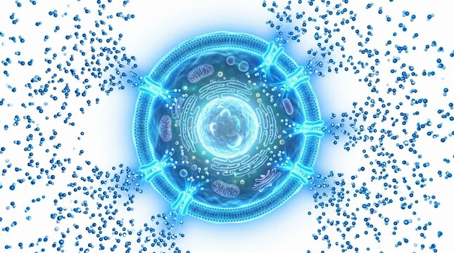 Detailed biological cell with nucleus and organelles in blue