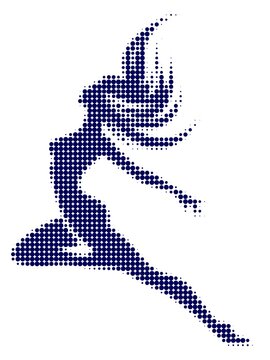 dotted flexible girl silhouette. Abstract dark blue vector illustration of a dancer with flying hair in halftone pattern style