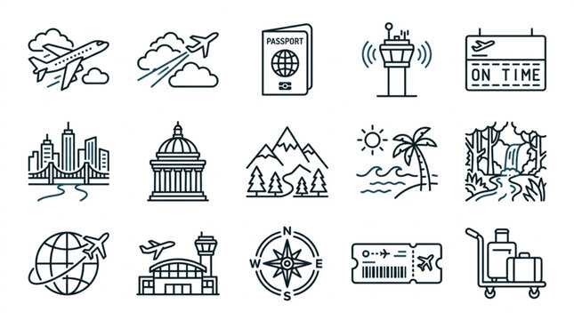 Collection of travel and transportation line art icons.
