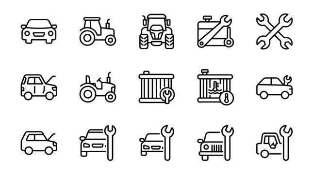 Collection of vehicle and tool line icons.
