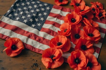Obraz premium American Flag Surrounded by Red Poppies on Rustic Table