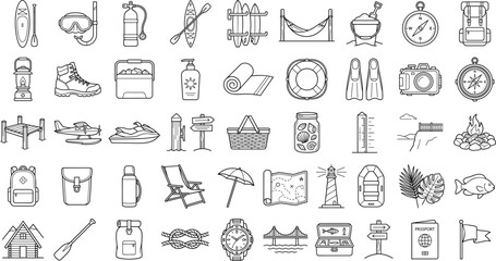 Outdoor Adventure Travel Outline Icons Set with Camping Hiking Water Sports and Navigation © Liton