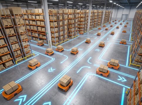 High-angle view of autonomous robots transporting cardboard boxes along glowing blue paths in an automated warehouse.
