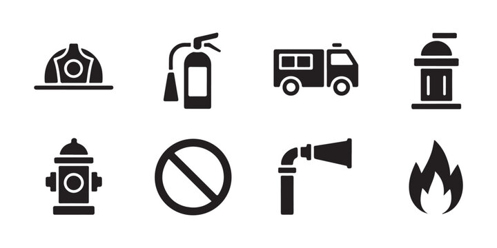 Set of firefighter equipment icons including fire truck extinguishers hydrant helmet and flame logo.