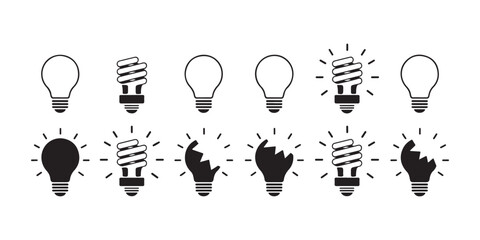 Light bulb variations icon set including standard incandescent energy efficient and broken versions. © Bd Artist