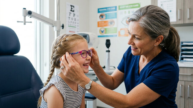 Eye Doctor Examines Child's Vision With New Eyeglasses