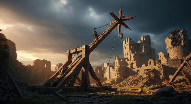 Ancient trebuchet siege weapon in ruins of medieval castle under dramatic cloudy sky at sunset