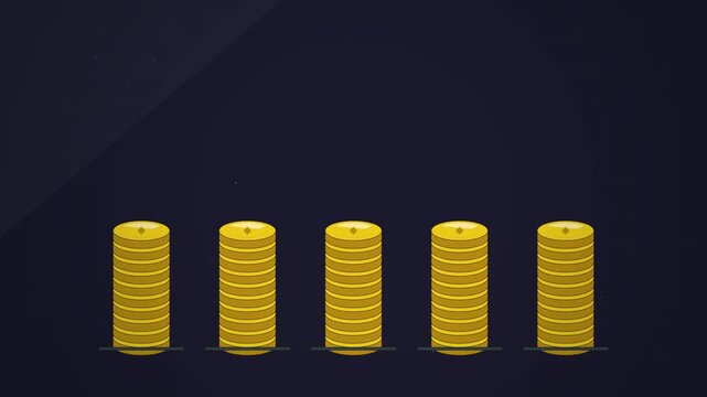 Golden Coins Falling and Stacking Creating Animated Chart Pattern on Dark Background