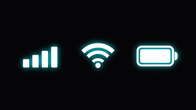 Neon smartphone status bar with signal Wi-Fi and battery indicators on a black background.