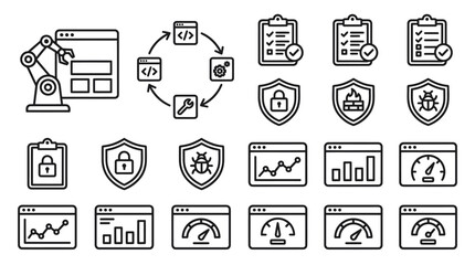 Fototapeta premium Software development and cybersecurity line icons for tech safety.