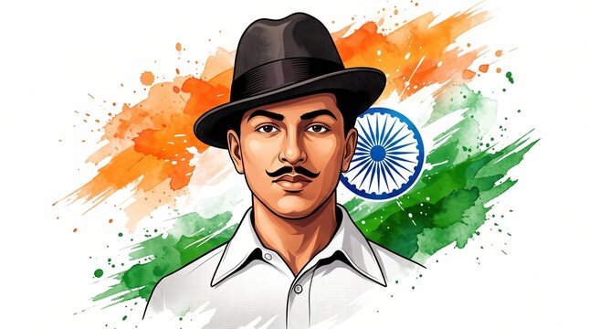 Bhagat Singh Watercolor Portrait with Saffron-Green Brush Background &ndash; Independence Day Art
