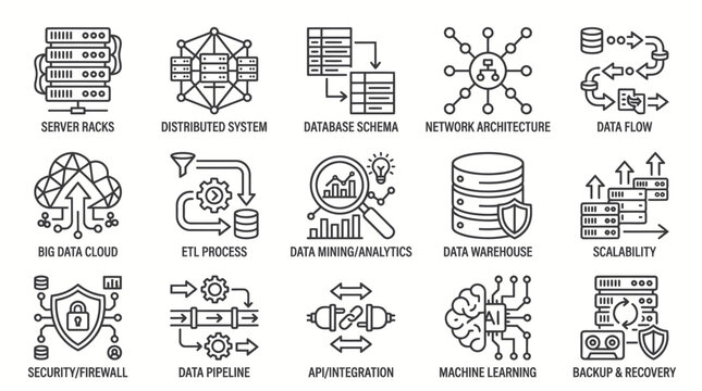 Technical outline icons representing data analytics cloud computing and network infrastructure architecture.