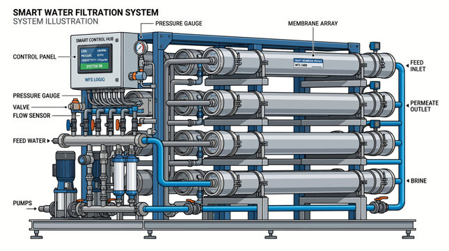 Illustration of a Smart Water Filtration System, detailing its components like pumps, valves, pressure gauges, flow sensors, control panel, and membrane array for efficient water purification.