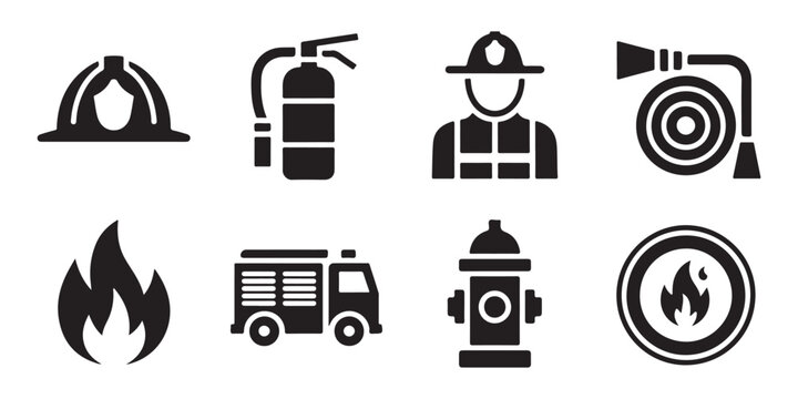 Firefighting icon set. firefighter helmet, fire truck, hydrant, and flame signs.