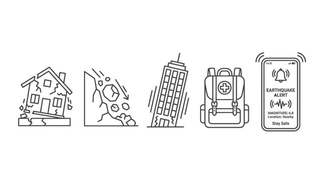 Natural disaster and emergency preparedness outline icon set.