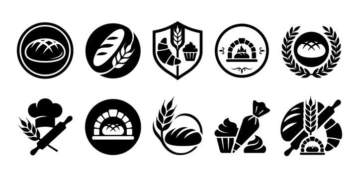 Set of circular bakery emblems and logo badges with baking tools and bread