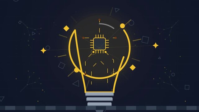 Digital Light Bulb with Microchip Glowing and Sparkling in Dark Technology Animation