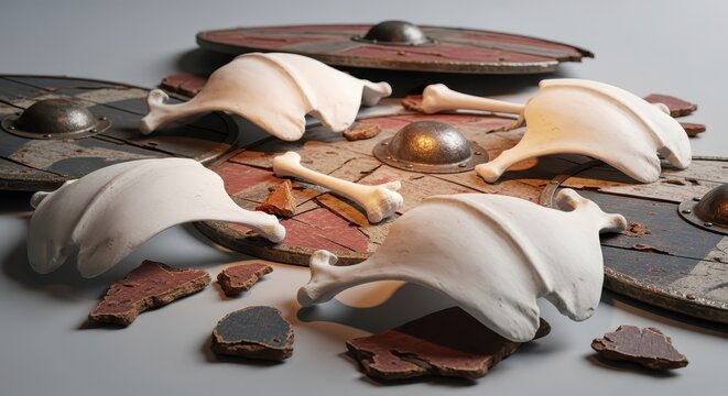 Ancient Viking Era Artifacts: Replicas of Scapula Bones and Wooden Shields with Metal Bosses on Distressed Texture Surface