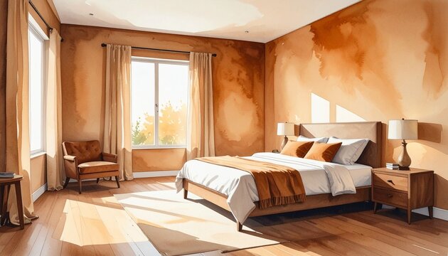 Luxurious modern bedroom with neutral tones and large windows.