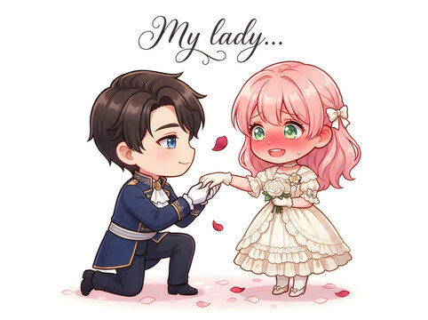 Chibi knight proposing to pink haired princess with rose petals