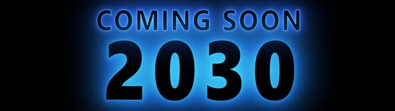 Coming soon 2030 neon blue glowing text animation for future planning, business milestones, and digital marketing countdown