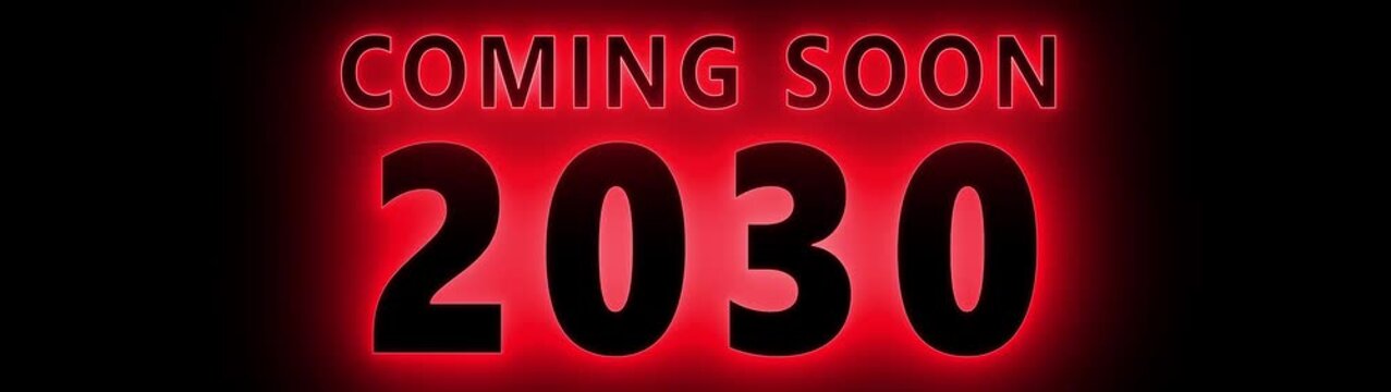 Coming soon 2030 neon red glowing text motion for future planning and event teasers countdown