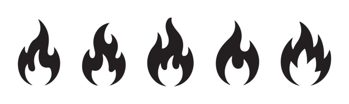 Black fire flame icons set vector bonfire silhouettes for logo design hot energy symbols collection.